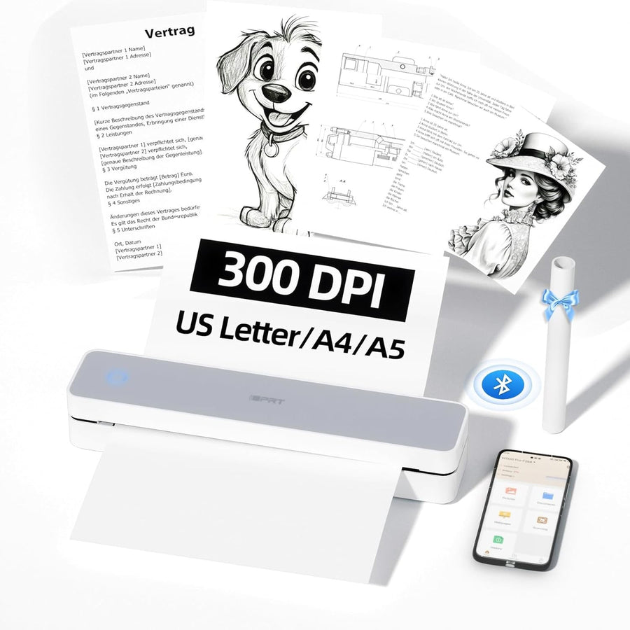 A4 Portable Thermal Printer 300DPI Bluetooth Inkless White
