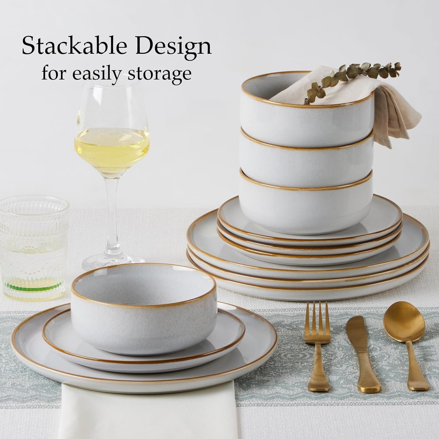 12pc Stoneware Dinner Set Daisy Beige Plates Bowls Reactive Glaze