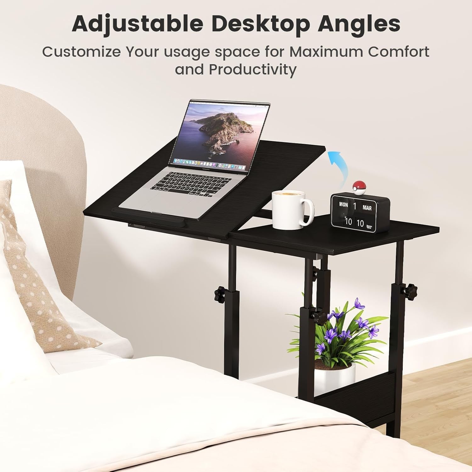 Adjustable Overbed Laptop Desk with Charging Station Wheels Storage Shelf