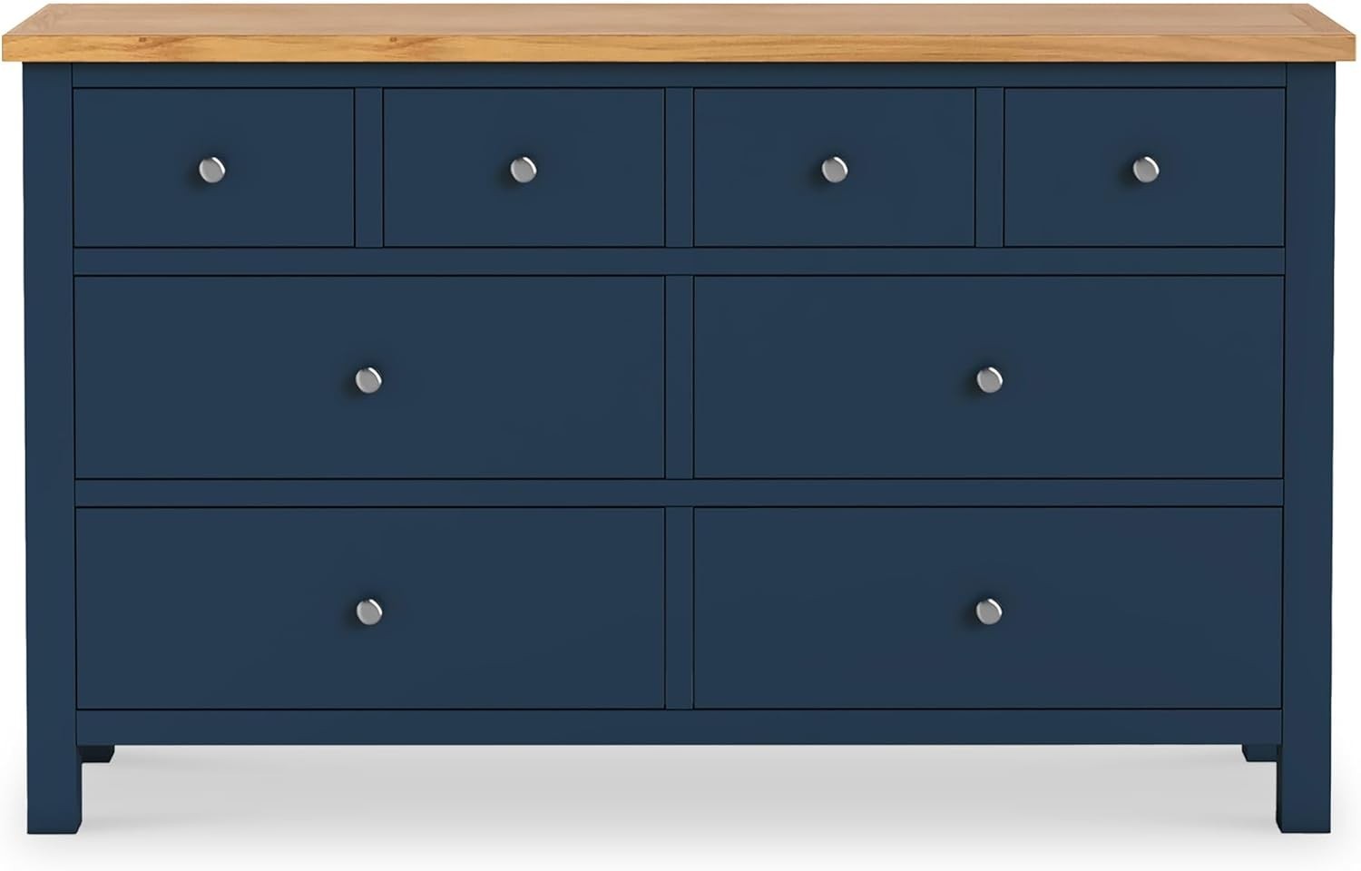 Navy Blue 8 Drawer Chest with Oak Top – Large Solid Wood Bedroom Storage