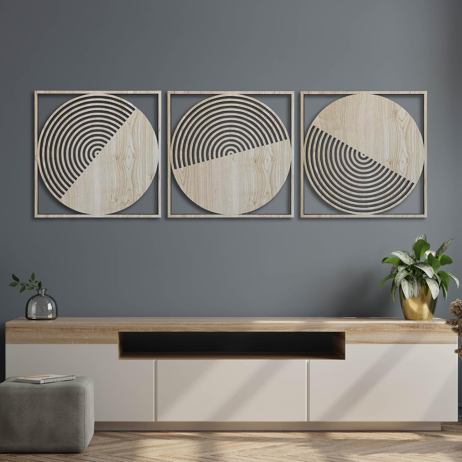 Set of 3 Round Wood Wall Art Boho Mid Century Decor