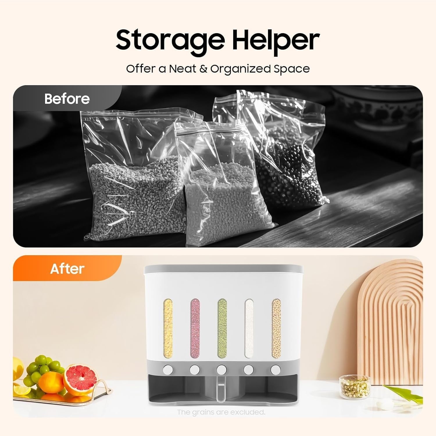 5 Grid Wall Mounted Dry Food Dispenser Rice Grain Storage Container