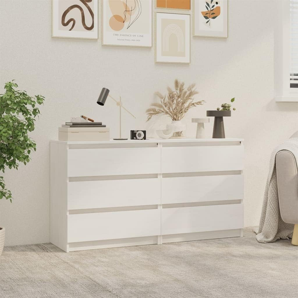 Set of 2 White Pine Bedside Tables with 3 Drawers | Modern Wood Nightstands
