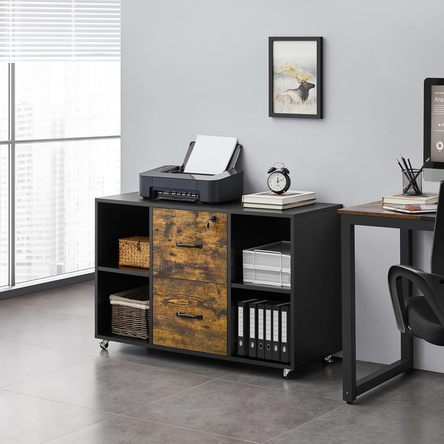 Rustic Black Rolling File Cabinet 100x40x65.5cm 2 Drawer Printer