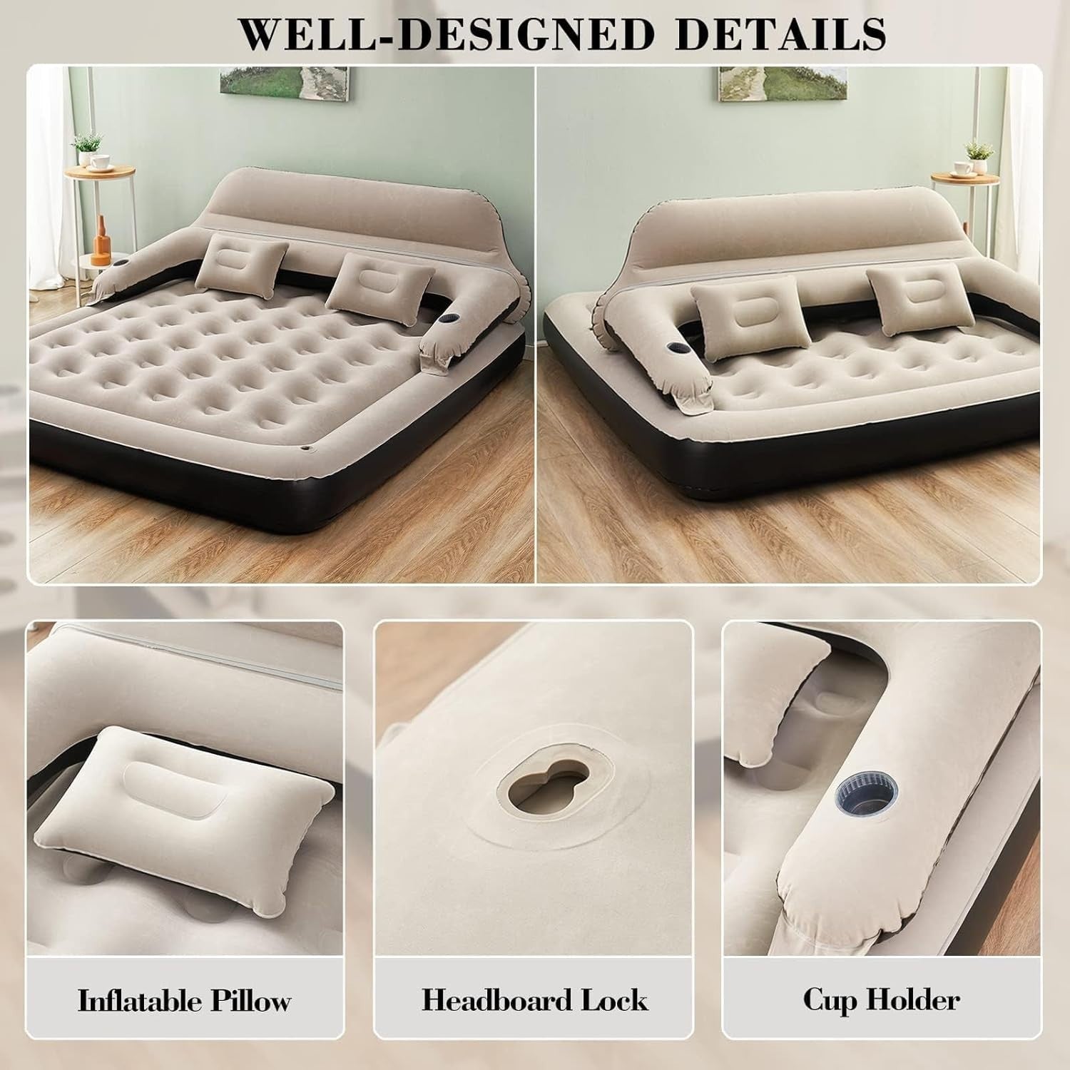 Queen Inflatable Air Mattress with Pillows & Adjustable Backrest Sofa Bed