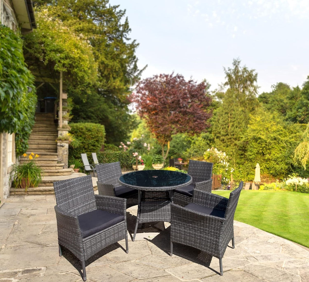 4 Seater Rattan Garden Dining Set Outdoor Patio Table & Chairs with Cushions