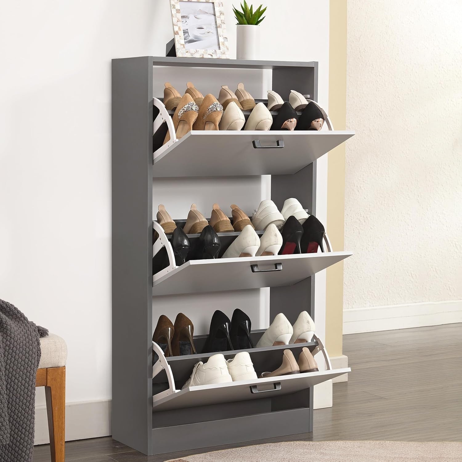 Silver & Dark Grey 3 Drawer Shoe Cabinet with Shelf, Modern Slim Storage Unit