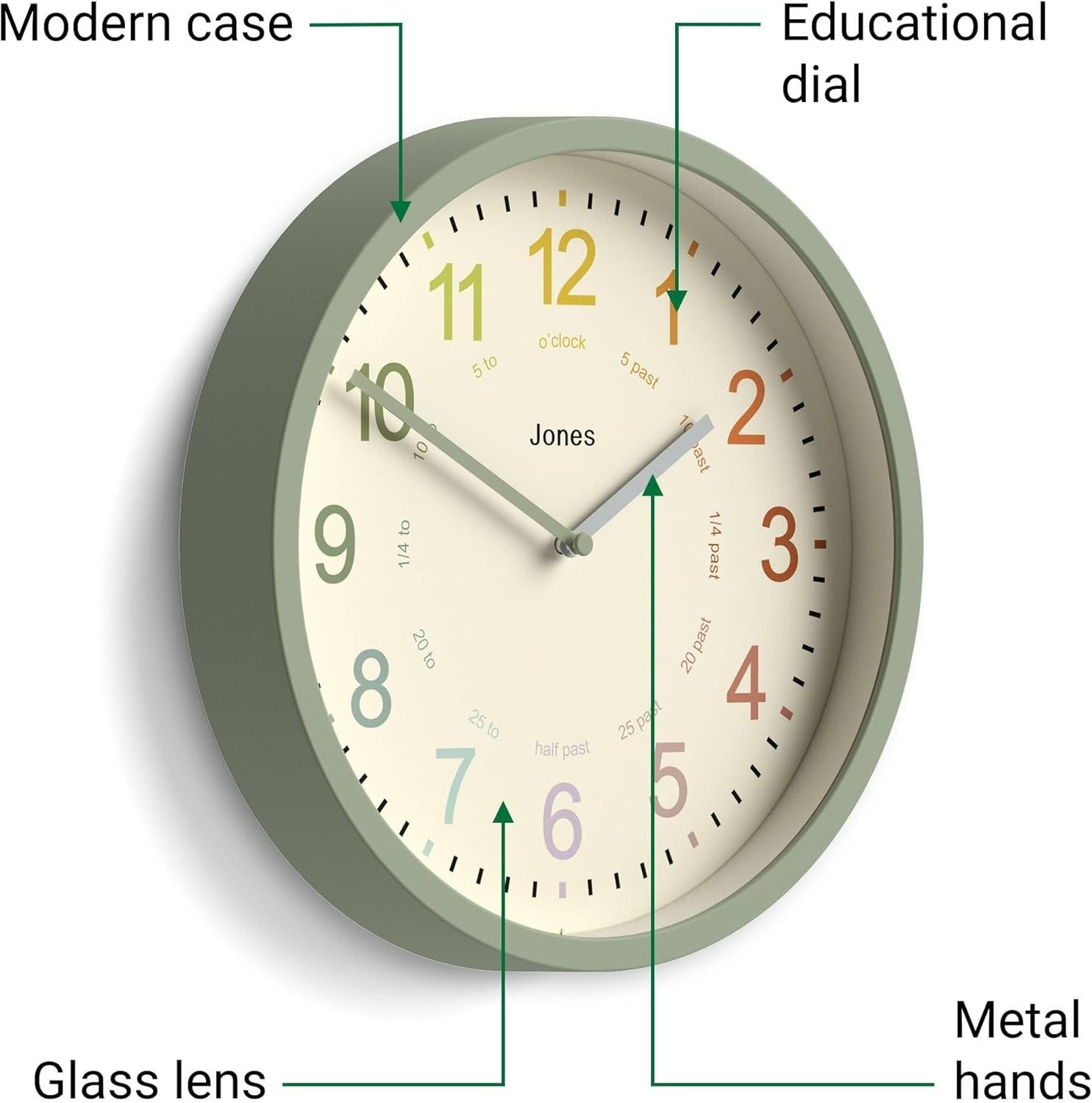 25cm Kids Wall Clock – Silent Non-Ticking Sage Green Colourful Numbers Learn Tim