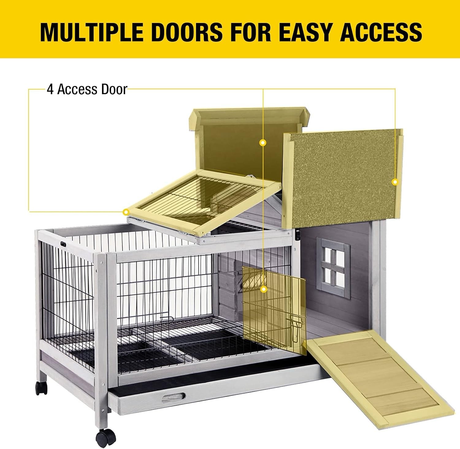 Large Wooden Rabbit Hutch on Wheels with Run Tray Lock Indoor Outdoor