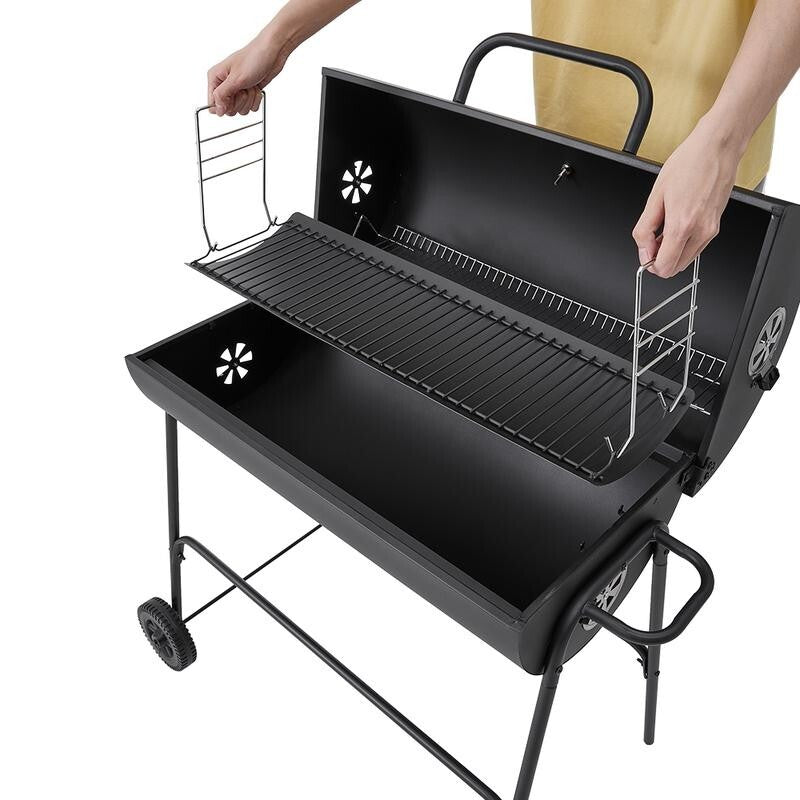 Charcoal BBQ Grill Outdoor Garden Cooker with Wheels & Thermometer