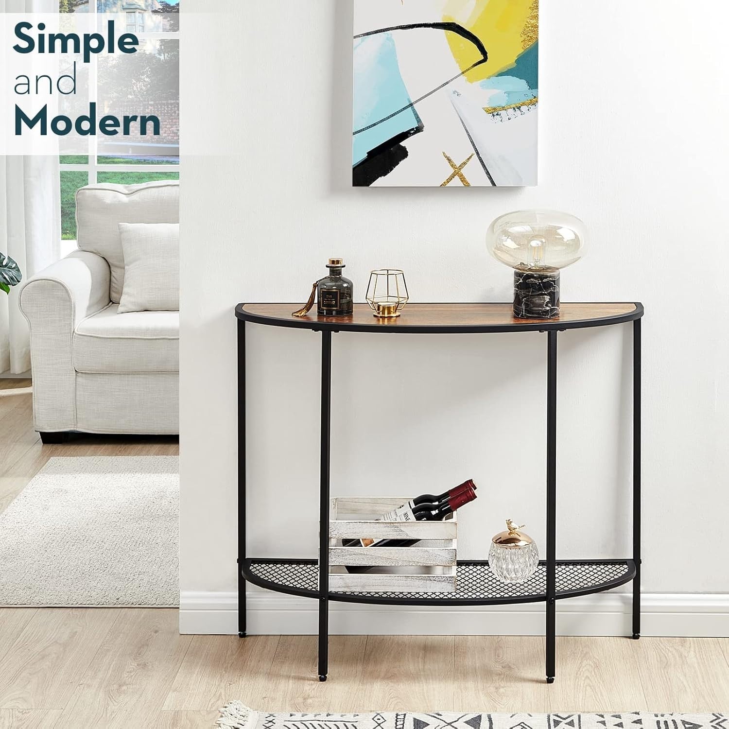 Narrow Half Moon Console Table Walnut Black, Slim 2-Tier Entryway Shelf