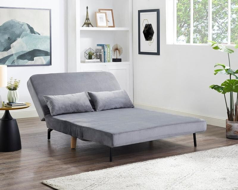 Grey Velvet 2-Seater Sofa Bed Futon Recliner w/ Wooden Legs Pillows