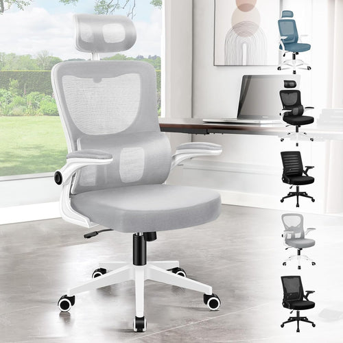 Ergonomic High-Back Office Chair Mesh Back Support Flip-up Arms Grey