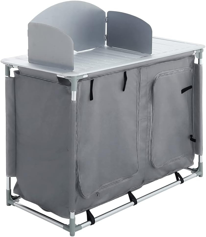 Outdoor Folding Camping Kitchen Table with Storage & Windproof Design Grey