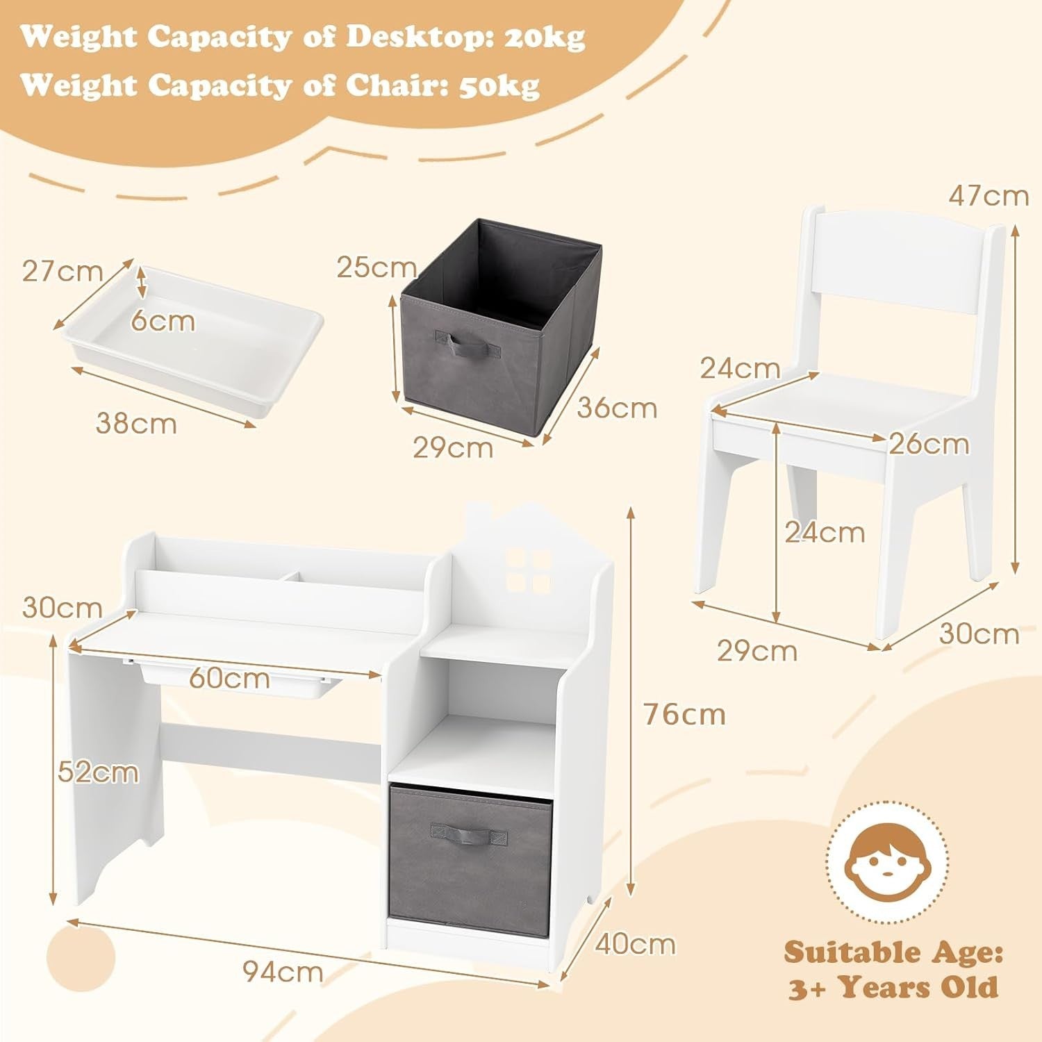 Kids Desk & Chair Set with Storage Drawers Bookshelves for Learning Play