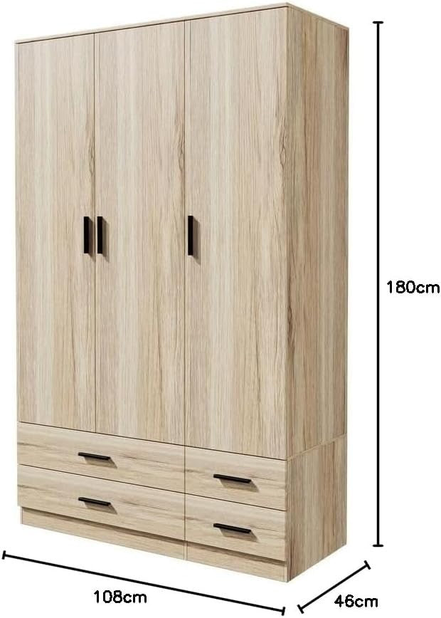 Oak 3 Door Wardrobe 4 Drawer Bedroom Storage Unit Hanging Rail Modern Style