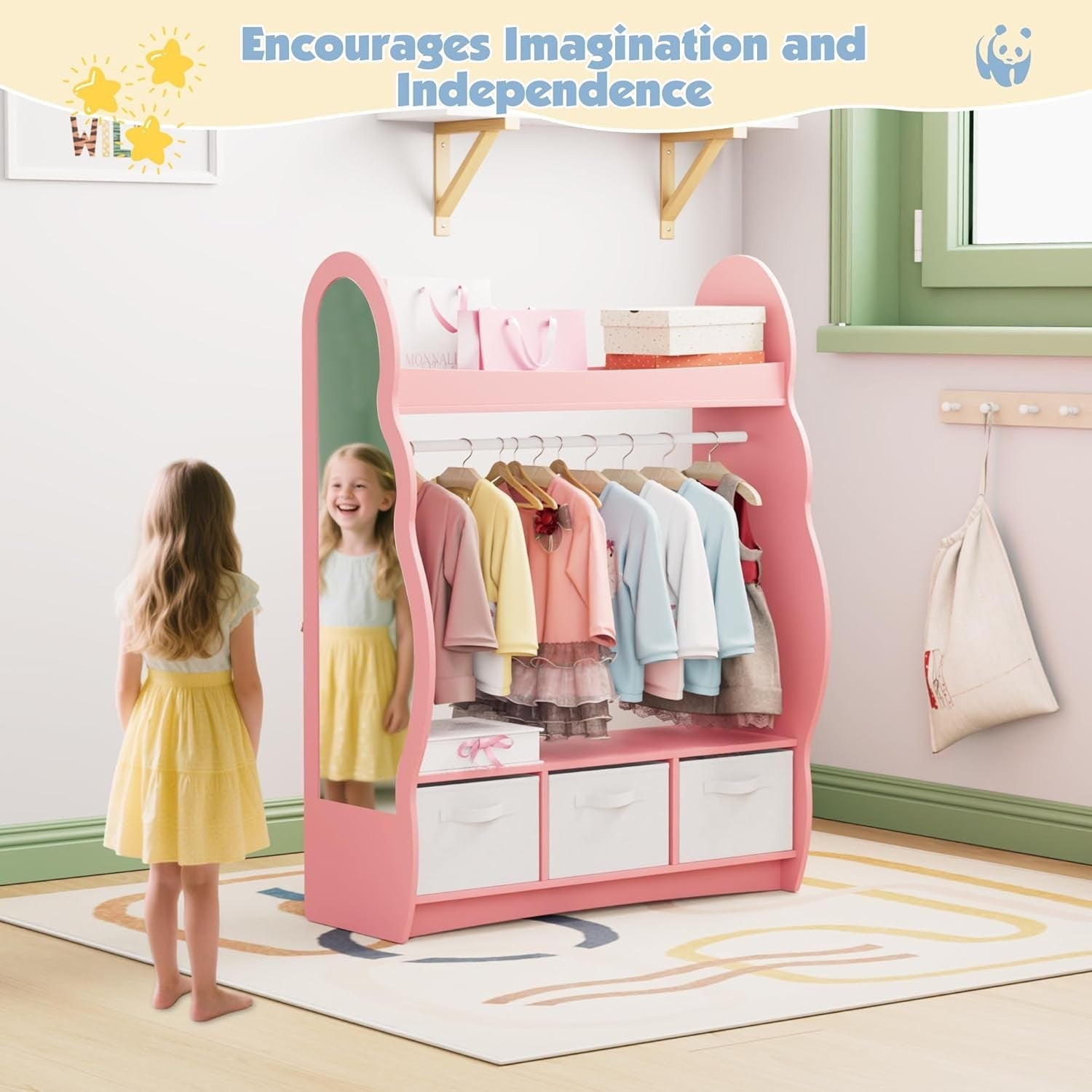 Kids Wardrobe with Mirror, 3 Drawers & Hanging Rail, Pink Cloud Design