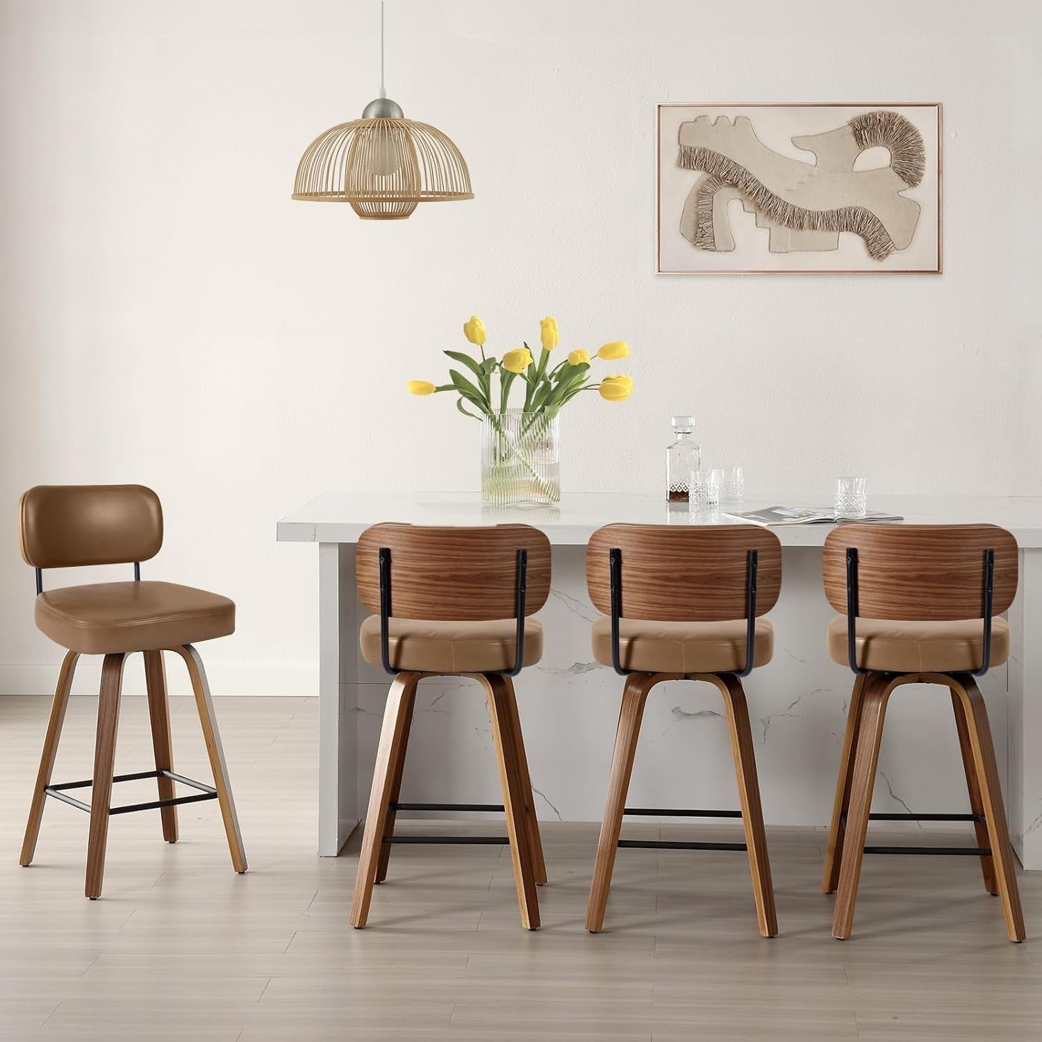 Brown PU Leather Swivel Bar Stools Set of 2 | Wooden Counter Chairs