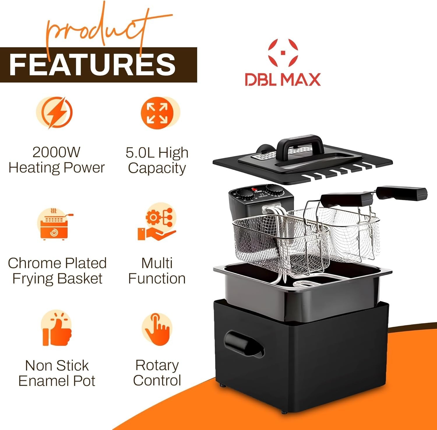 5L Double Basket Deep Fat Fryer 2000W Stainless Steel Adjustable Temp