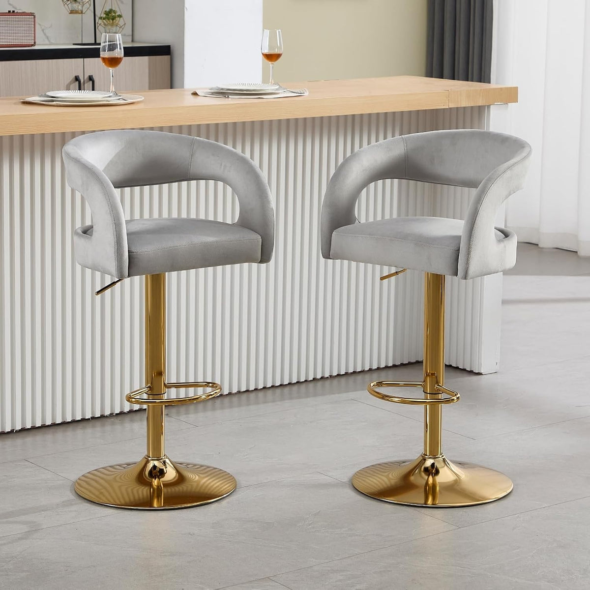Adjustable Gray Velvet Bar Stools Set of 2 Swivel Kitchen Counter