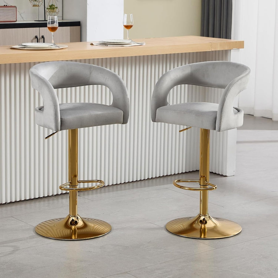 Adjustable Gray Velvet Bar Stools Set of 2 Swivel Kitchen Counter