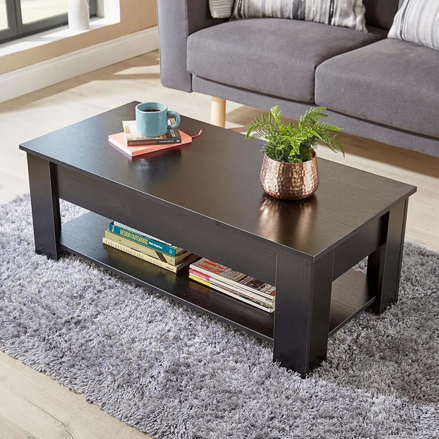 Lift Top Black Coffee Table 100x50cm with Hidden Storage & Magazine Shelf