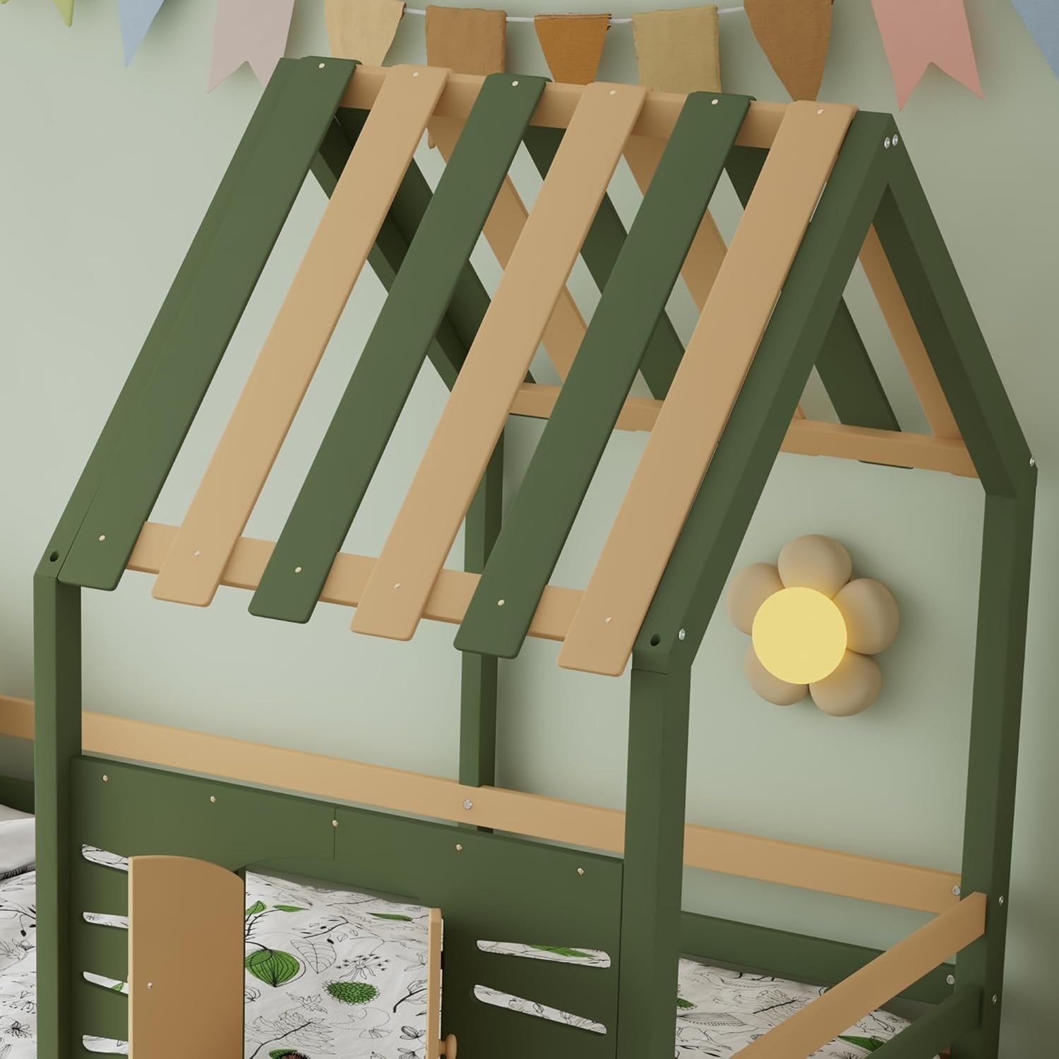 Kids Wooden House Cabin Bed with Drawers, Guardrail & Roof Frame 90x190cm