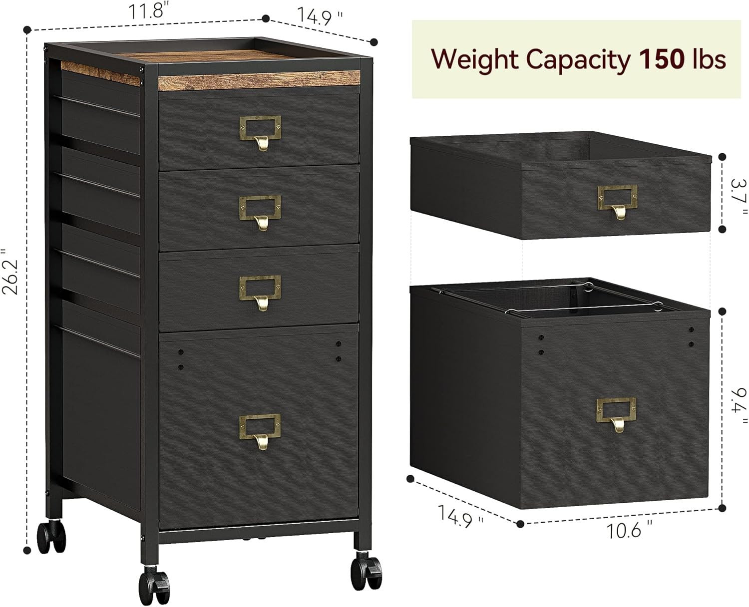 Retro Rolling File Cabinet 4 Drawer Under Desk A4 Letter Storage Black