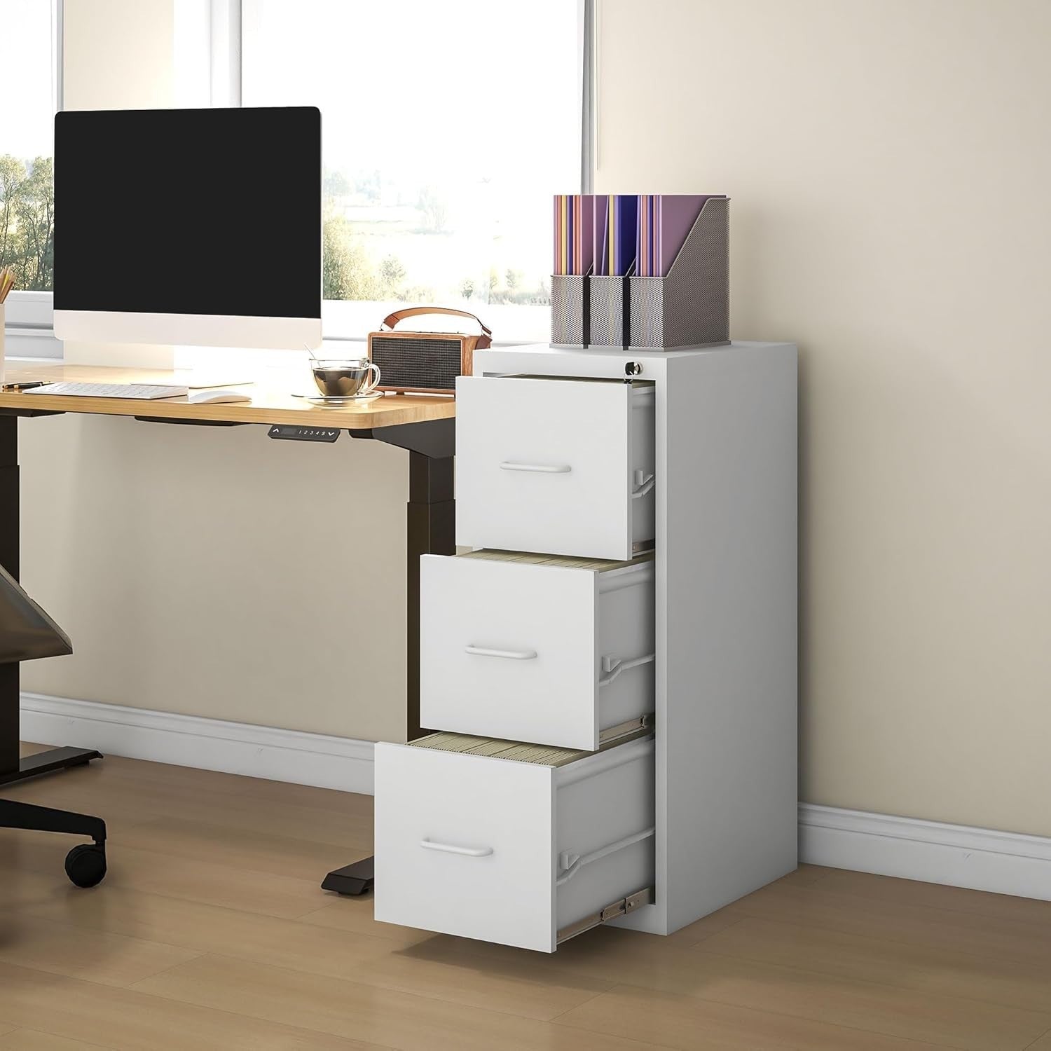 Cream White Steel Filing Cabinet 3 Drawer Lockable 99cm Office
