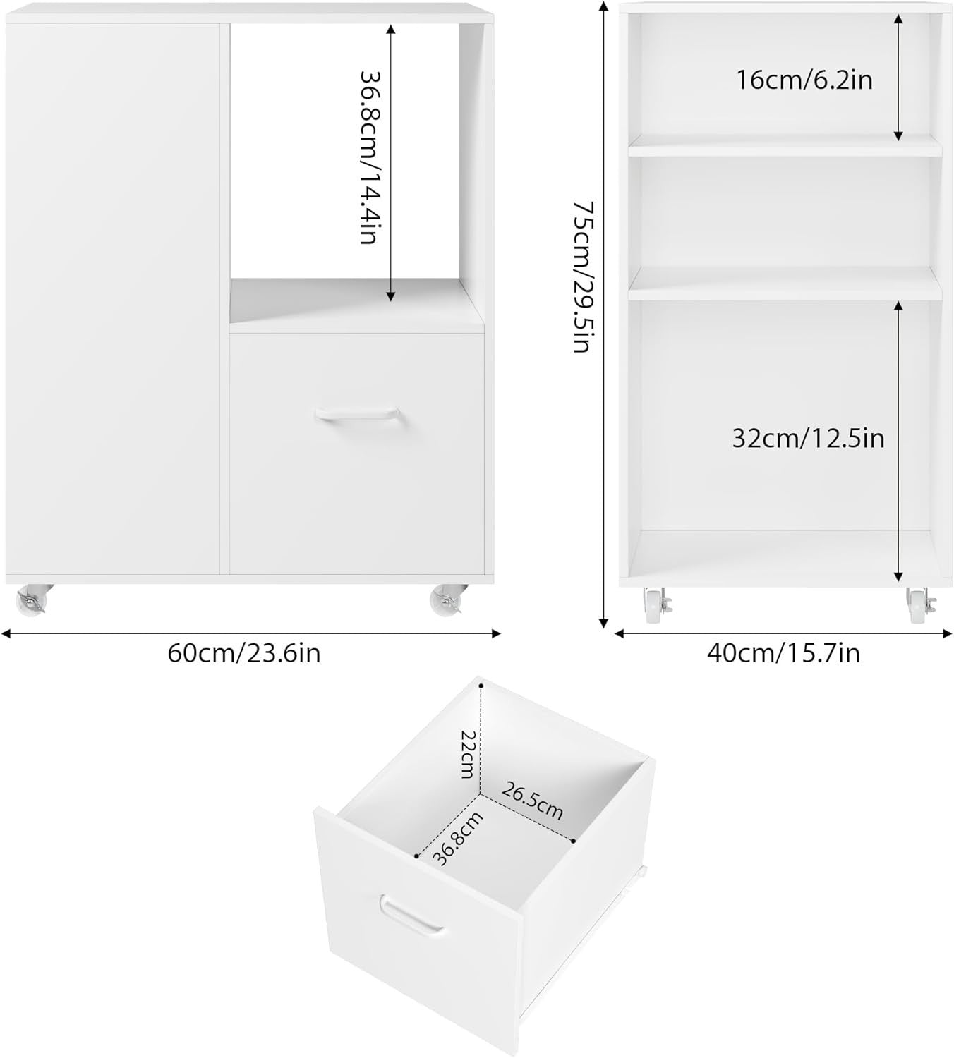 White Mobile File Cabinet 75cm Under Desk Storage with Shelves