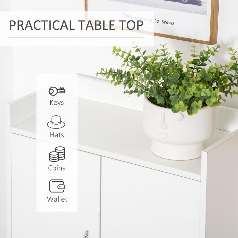 Slim White Shoe Storage Cabinet with Doors, Open Shelf & Wooden Legs