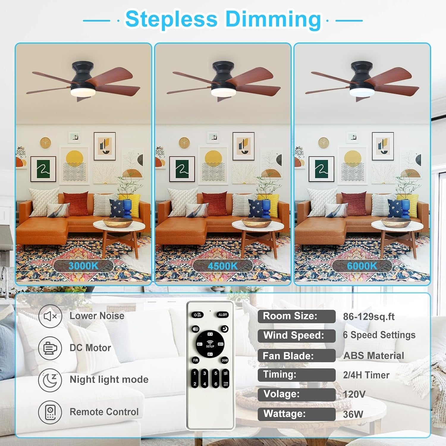 35-Inch Ceiling Fan with Light 5 Walnut Blades 6 Speeds Remote