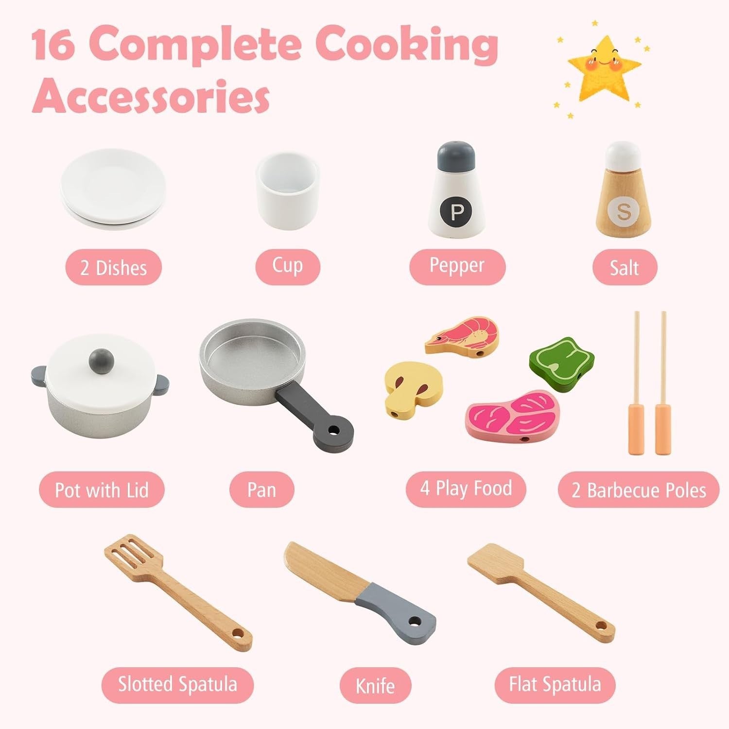 Wooden Kids Play Kitchen BBQ Grill Fridge Sink Toy Set Accessories
