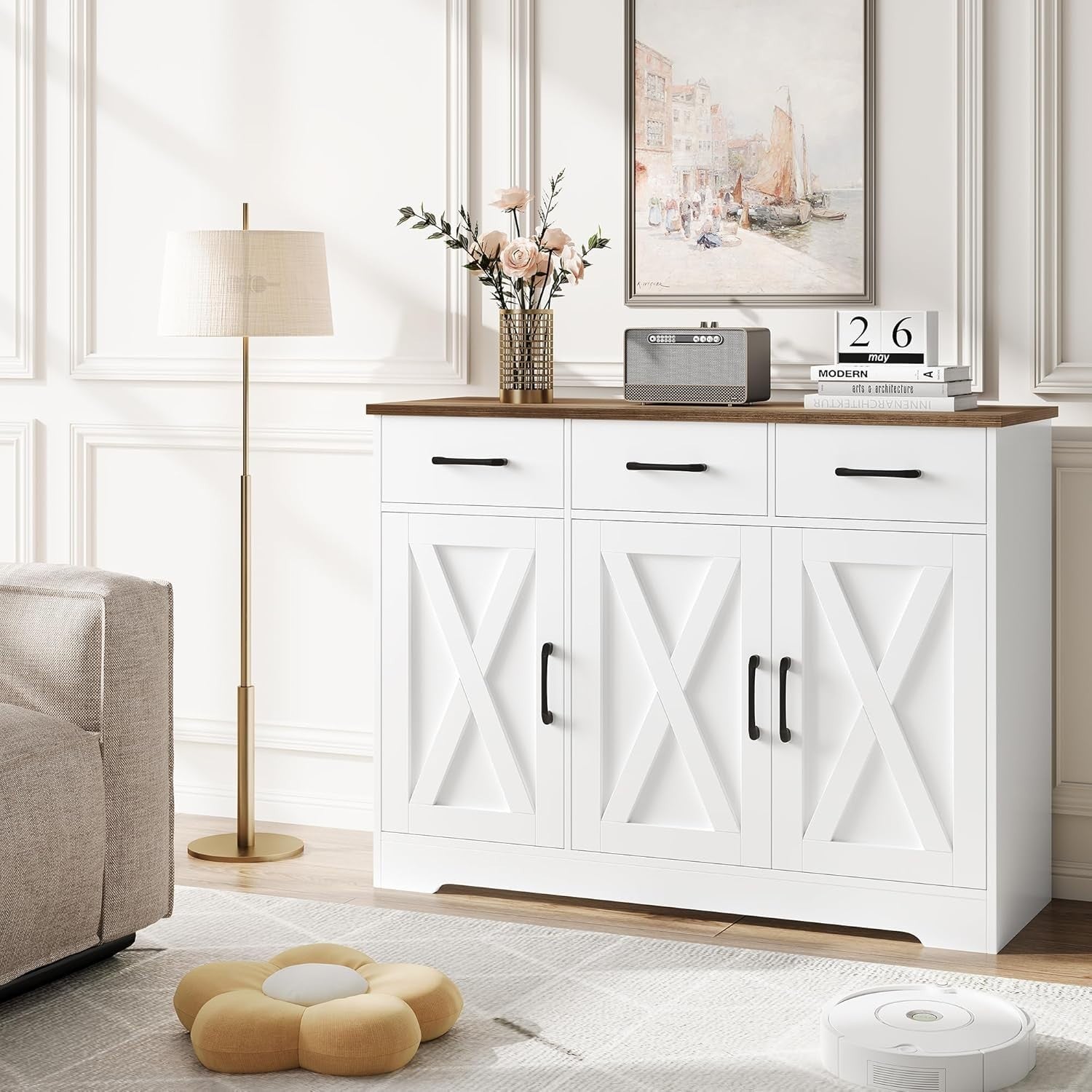 Modern Sideboard Cabinet White Brown – 3 Drawers 3 Doors, 108.5cm Storage