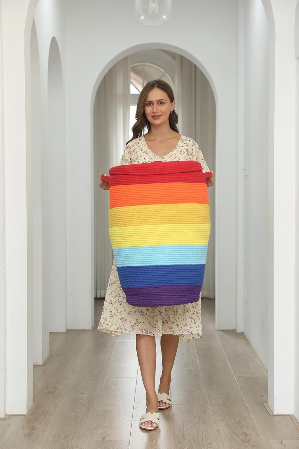 XL 26" Rainbow Cotton Rope Laundry Basket with Lid Large Woven Storage Hamper