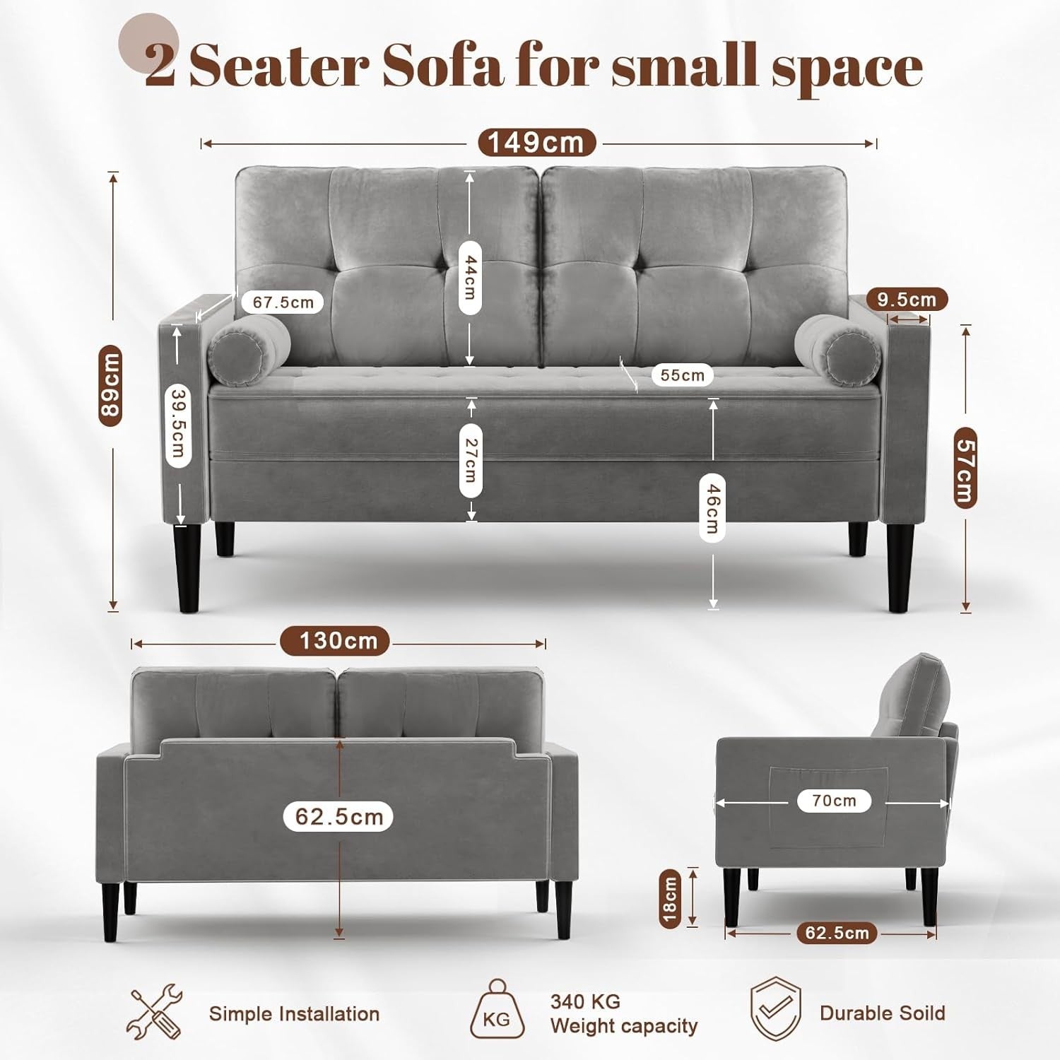 2 Seater Sofa Bed Light Grey| Comfy Small Couch for Lounge, Flat, Bedroom