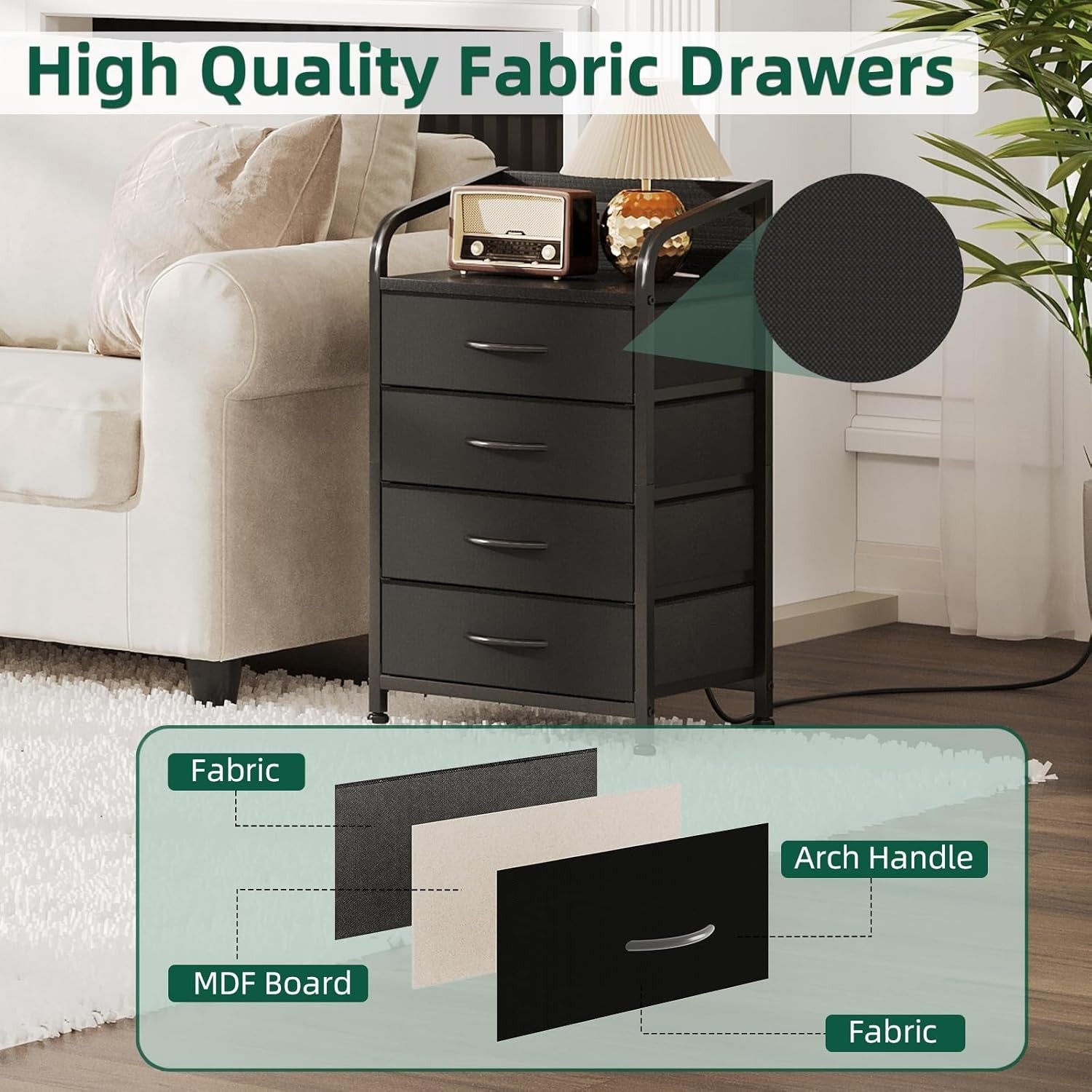 Black Bedside Cabinet with Charging Ports 4-Drawer Nightstand Small Storage Unit