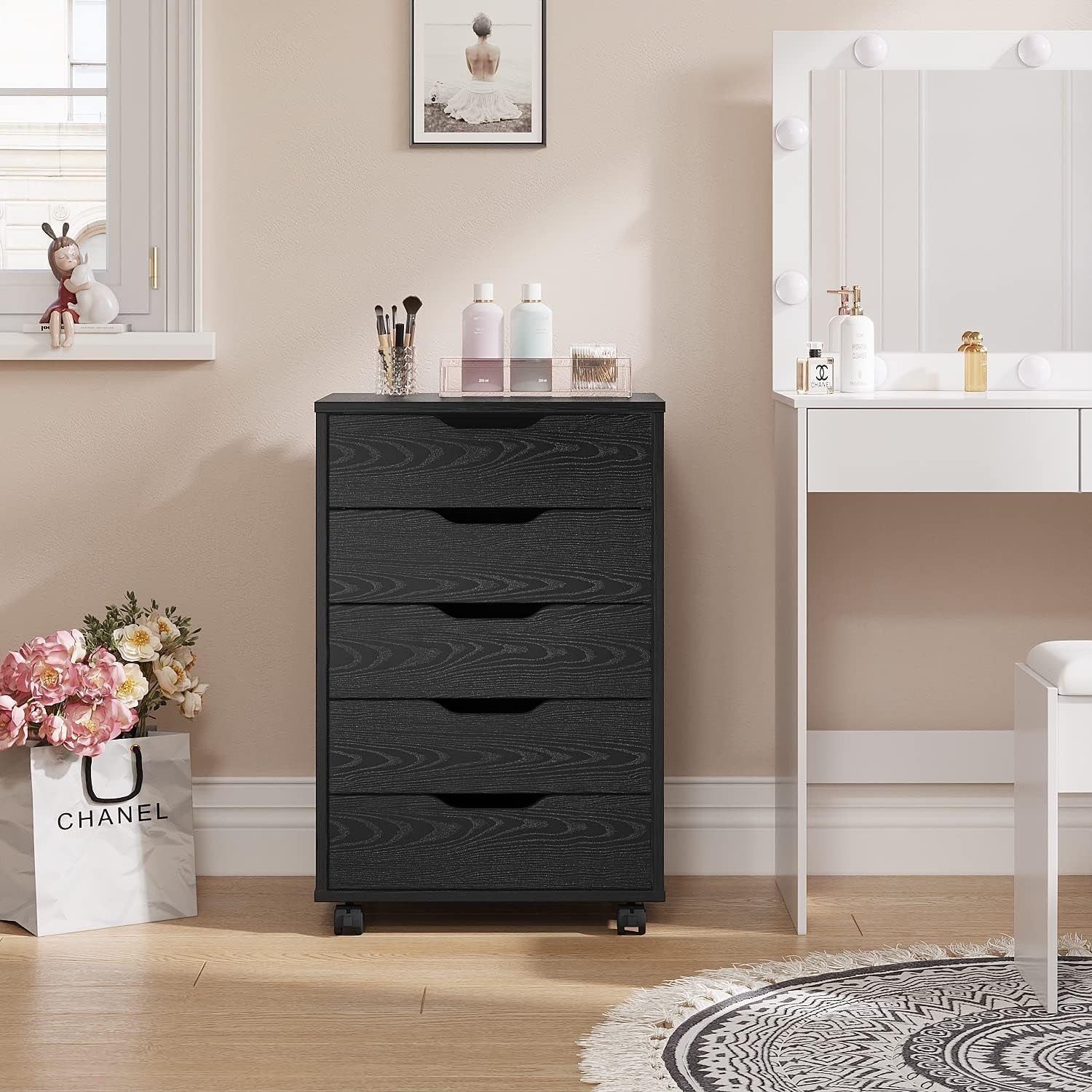 5 Drawer Mobile Filing Cabinet with Wheels Office Storage Chest Black