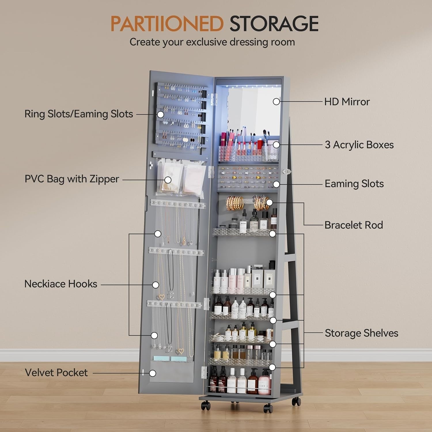 Gray 360° Swivel Jewellery Cabinet Lockable Full Length Mirror Storage
