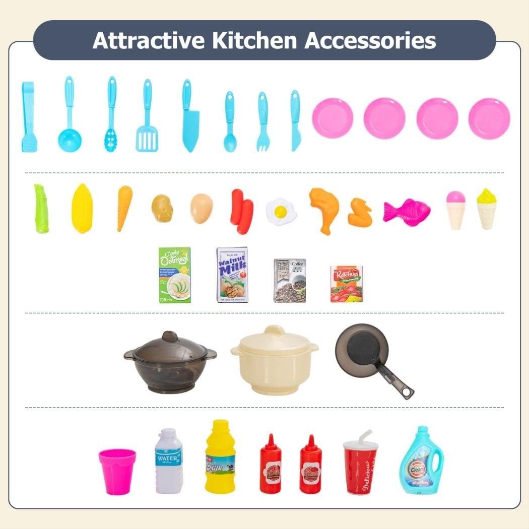 Kids Play Kitchen Set Lights Sounds Running Water 65PCS Blue Toy