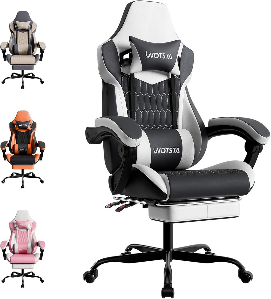 Ergonomic Gaming Chair w/ Footrest & Lumbar Support Black White