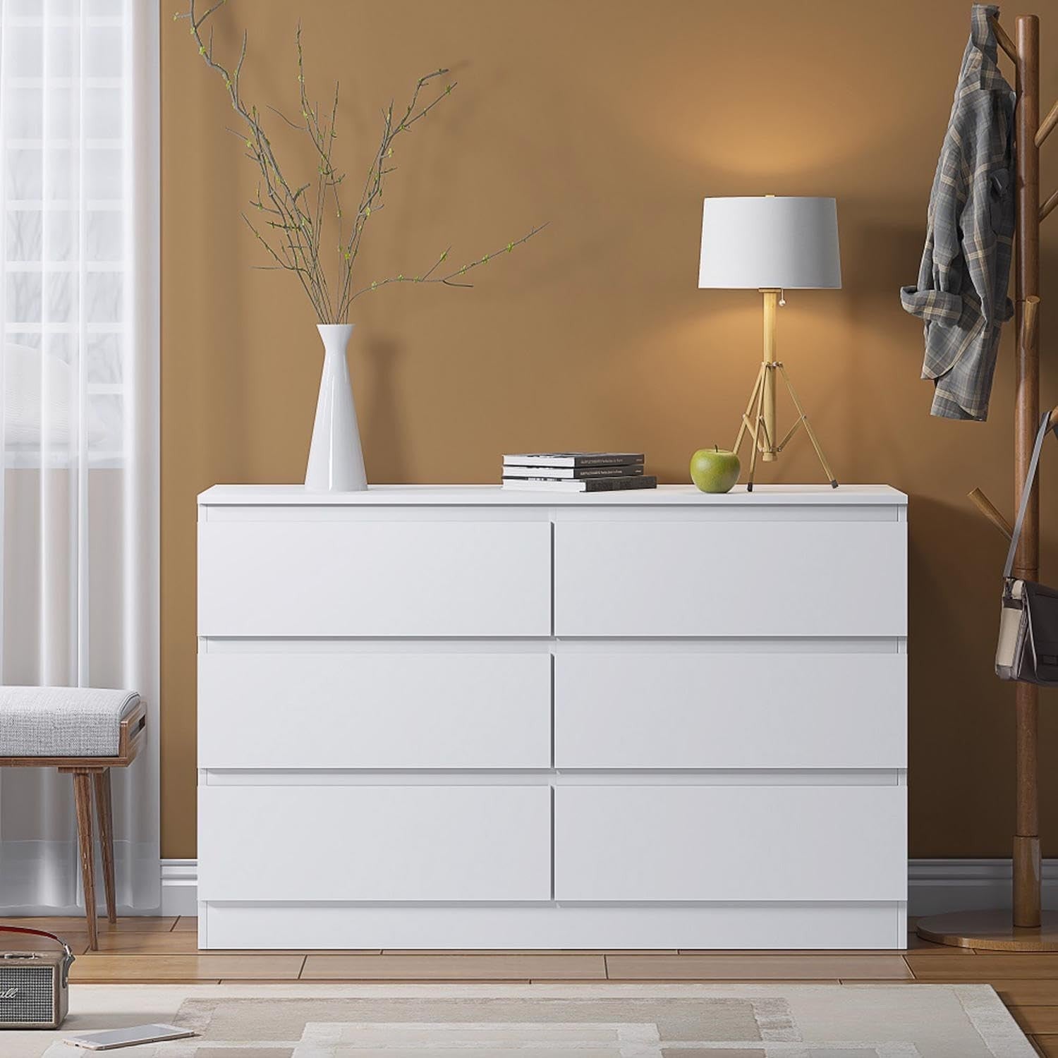 Modern White 6 Drawer Chest Wide Storage Unit for Bedroom TV Setup
