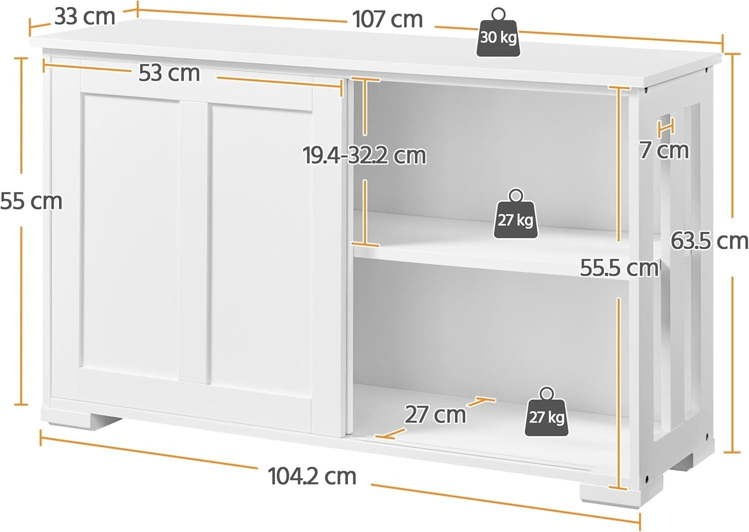 White Sideboard Cabinet 63.5cm Buffet Sliding Door Adjustable Shelf