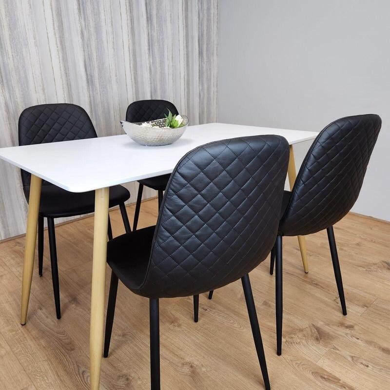 White Dining Table Set with 4 Black Faux Leather Chairs, Modern Kitchen