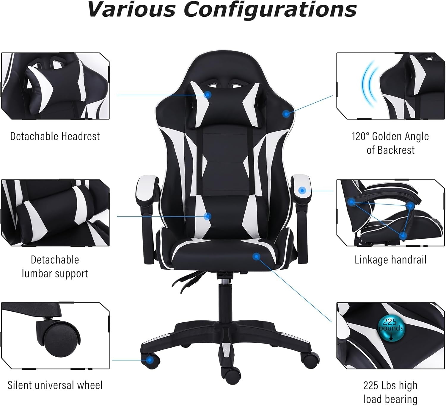 Ergonomic Gaming Chair w/ Lumbar Support Headrest Swivel White