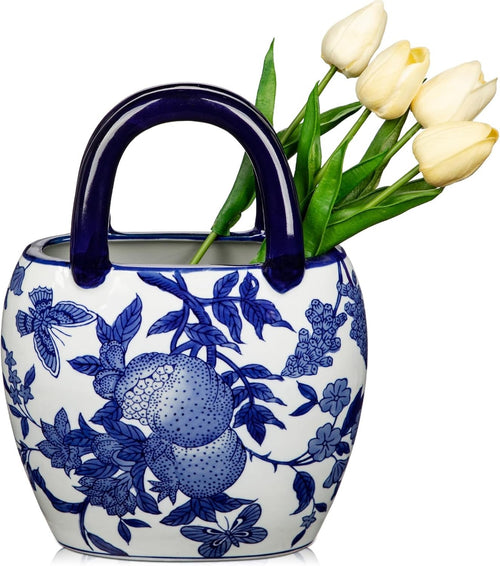 Blue White Ceramic Flower Vase Handbag Style Chinoiserie Table Decor 27cm