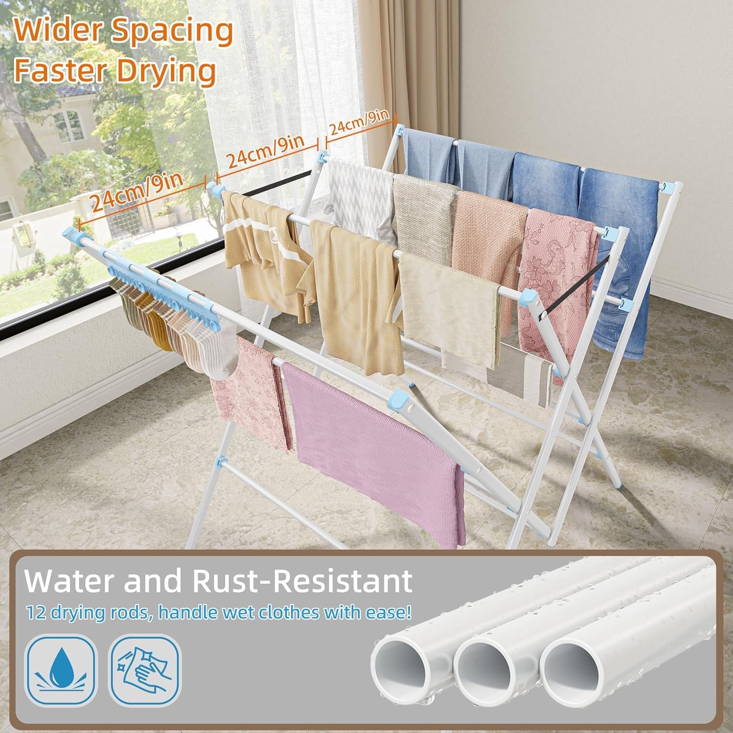 Folding Clothes Airer Large Laundry Drying Rack Sock Clips Space Saving