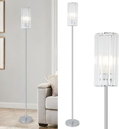 Modern Crystal Floor Lamp Chrome Glass Shade Tall Standing Light Living Room