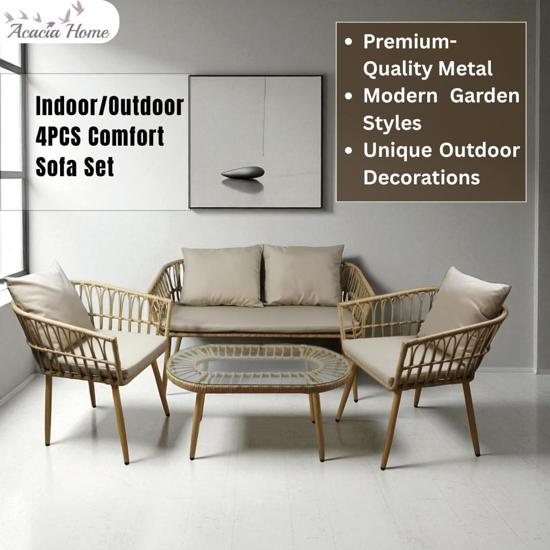 4PC Rattan Sofa Set Outdoor Garden Patio Lounge Chairs Table Cushions Cream
