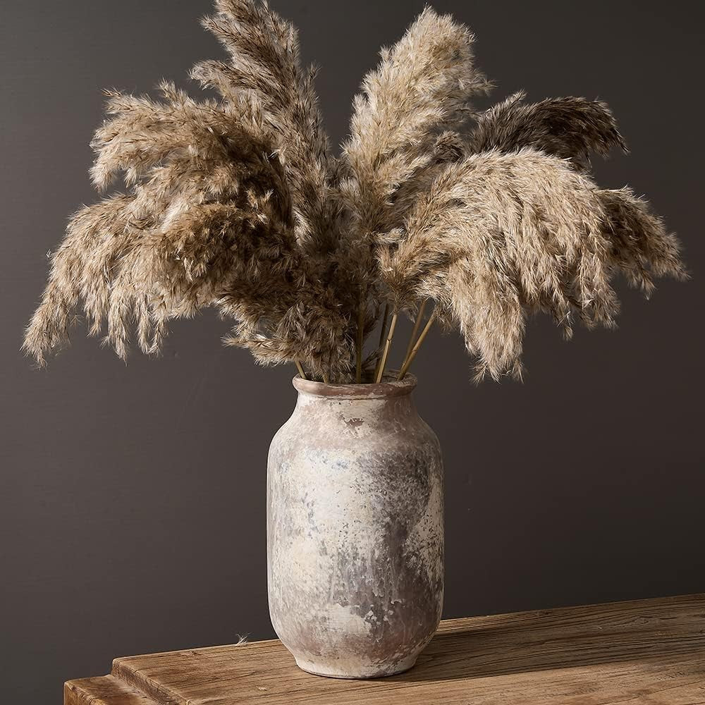 Rustic Ceramic Flower Vase 9.5in Whitewashed Terracotta Farmhouse Décor